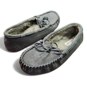 Minnietonka Grey Moccasins Slippers Leather / Suede Upper Faux Fur Lined Size 11